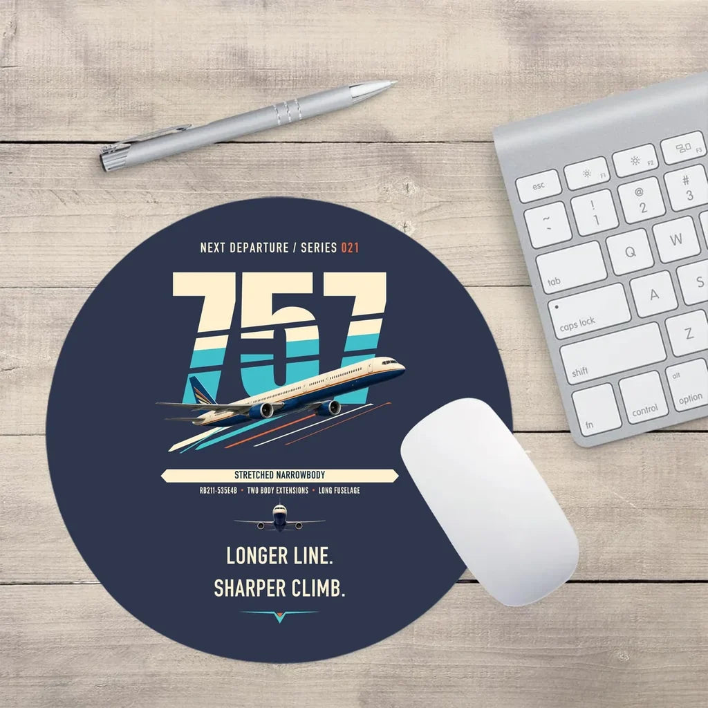 Boeing 757-300 design on navy blue round mouse pad