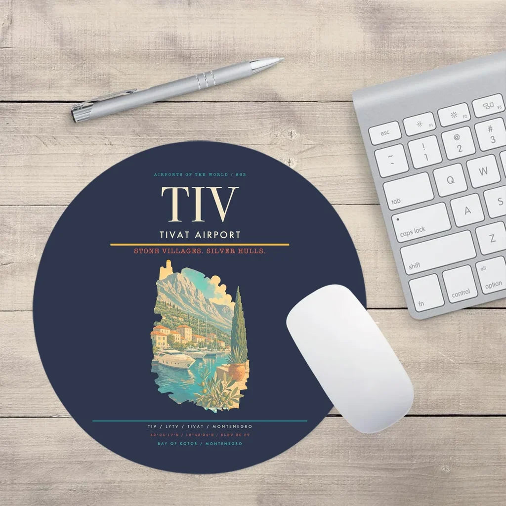 Tivat Airport (TIV) design on navy blue round mouse pad
