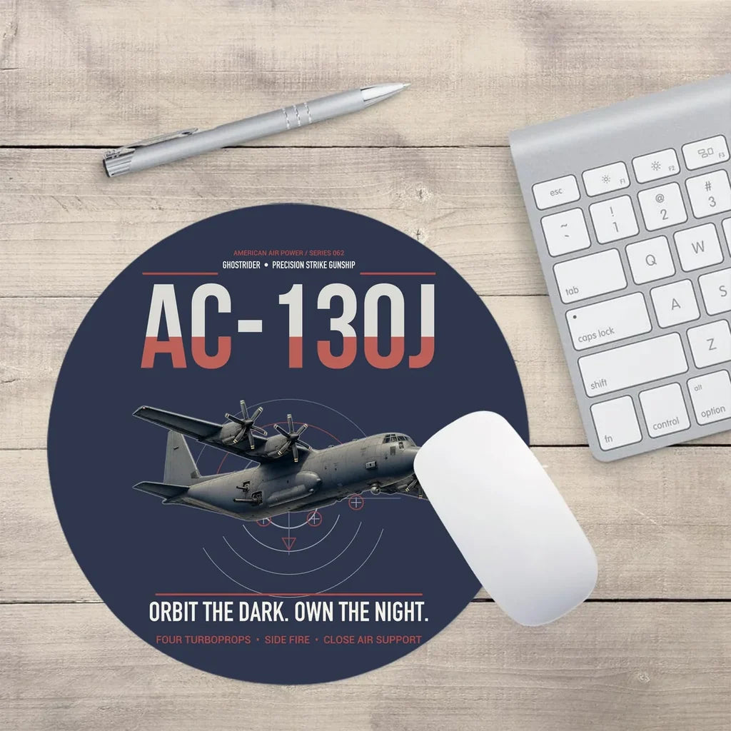 AC-130J Ghostrider design on navy blue round mouse pad