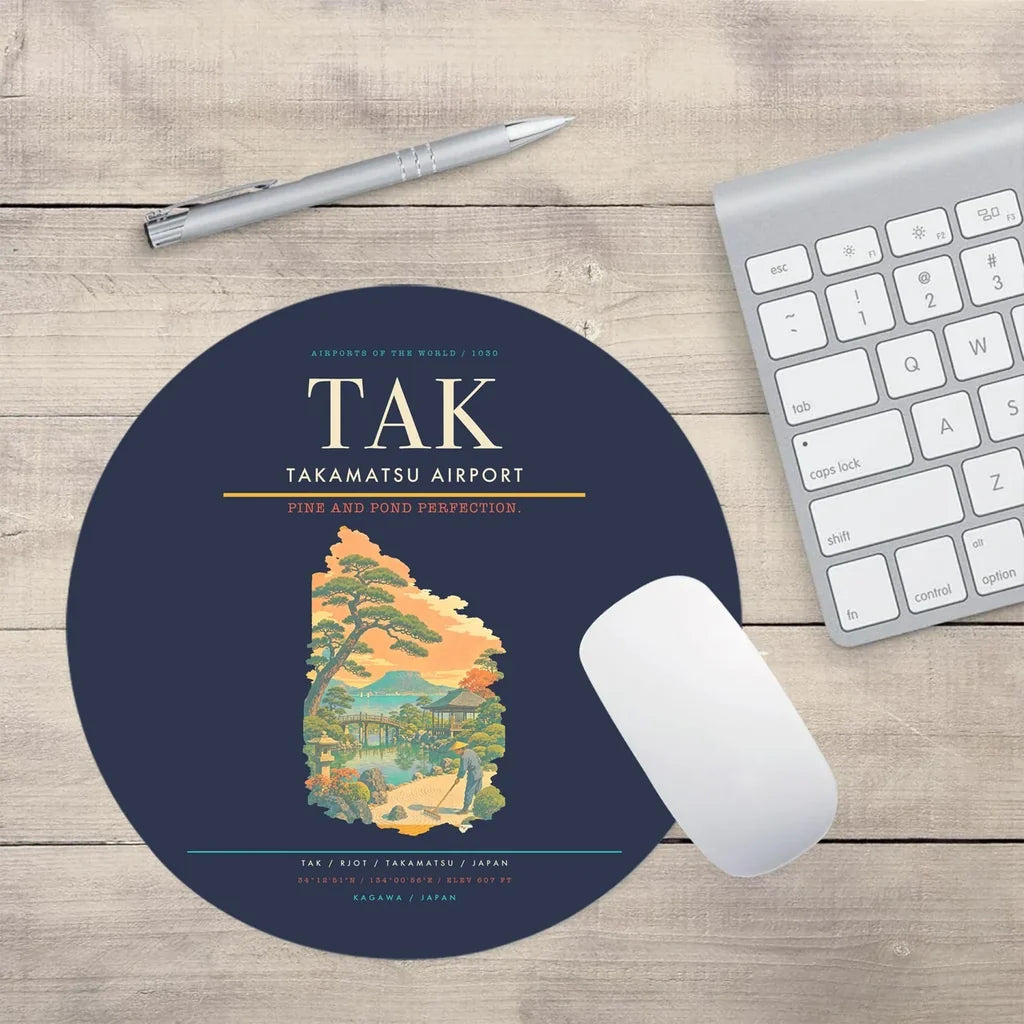 Takamatsu Airport (TAK) design on navy blue round mouse pad