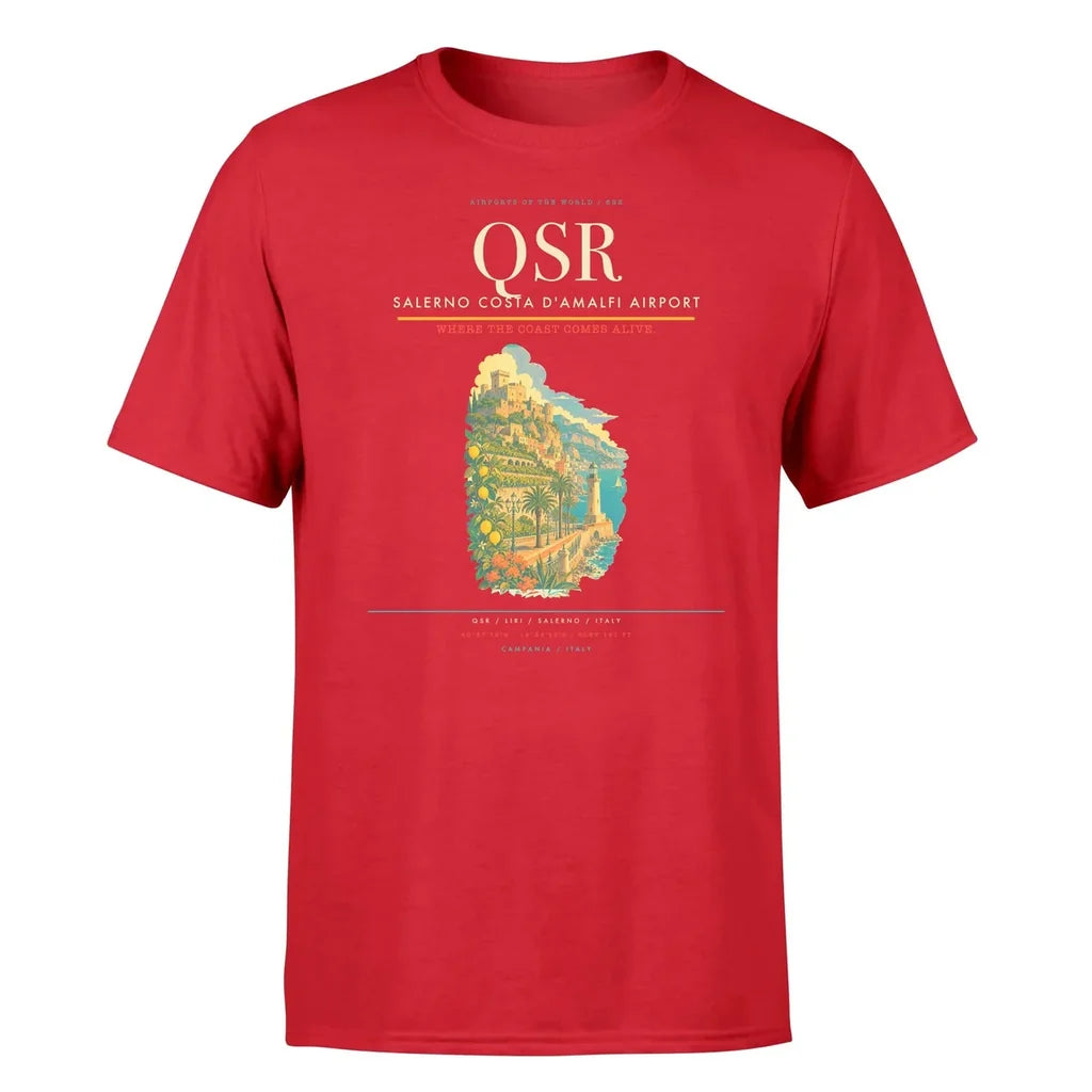 Salerno Costa d'Amalfi Airport (QSR) T-Shirt single-side front print in Red | salerno-costa-damalfi-airport-qsr-double-side-t-shirt