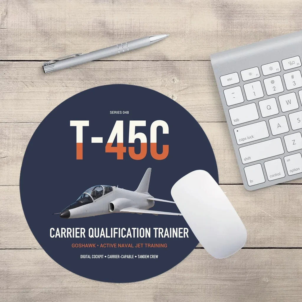 T-45C Goshawk design on navy blue round mouse pad