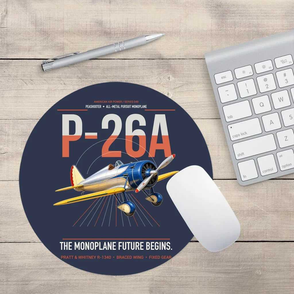 Boeing P-26A Peashooter design on navy blue round mouse pad