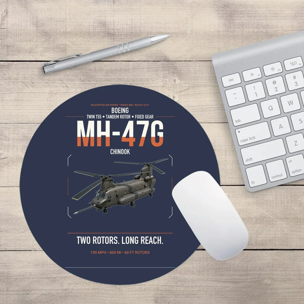 Boeing MH-47G Chinook design on navy blue round mouse pad