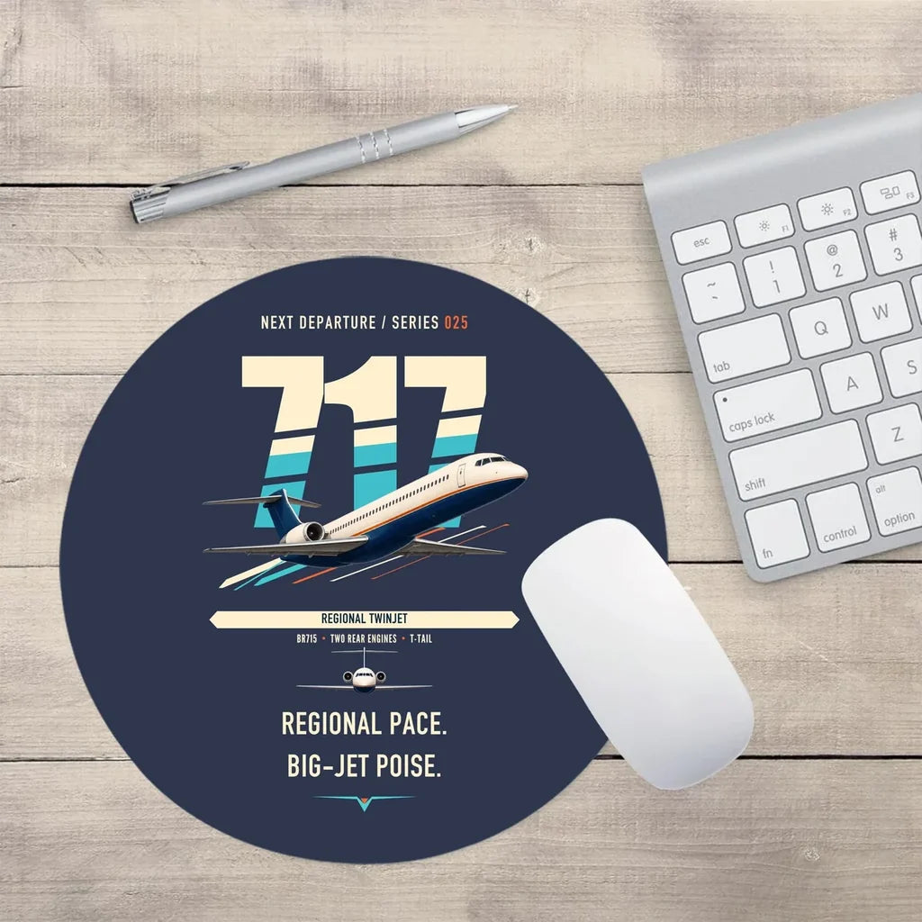 Boeing 717-200 design on navy blue round mouse pad