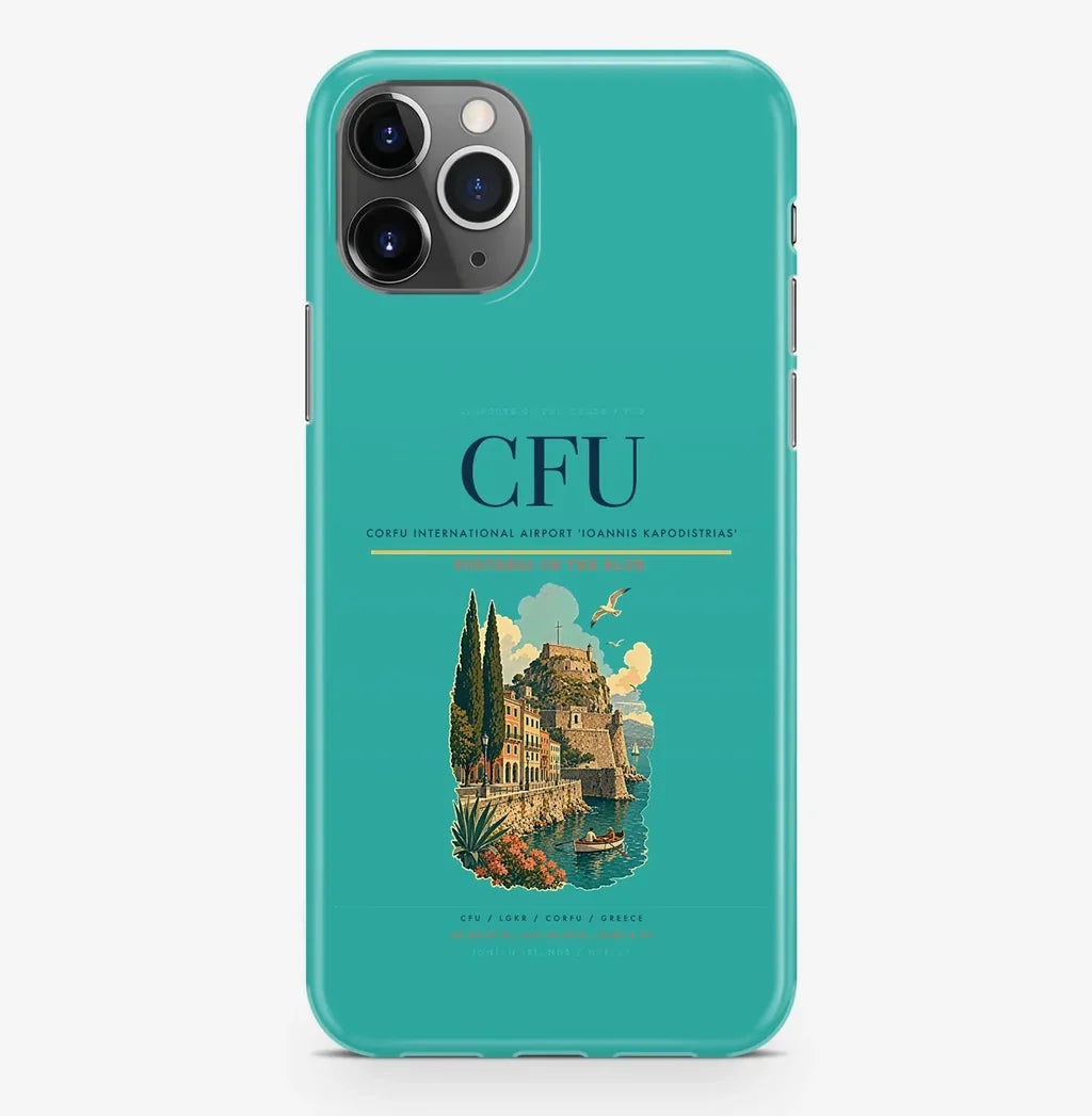 Corfu Airport (CFU) design on turquoise iPhone 16 Pro MagSafe case