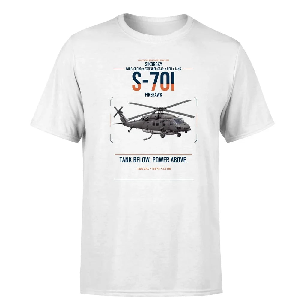 Sikorsky S-70i FIREHAWK design on white t-shirt, single-side print