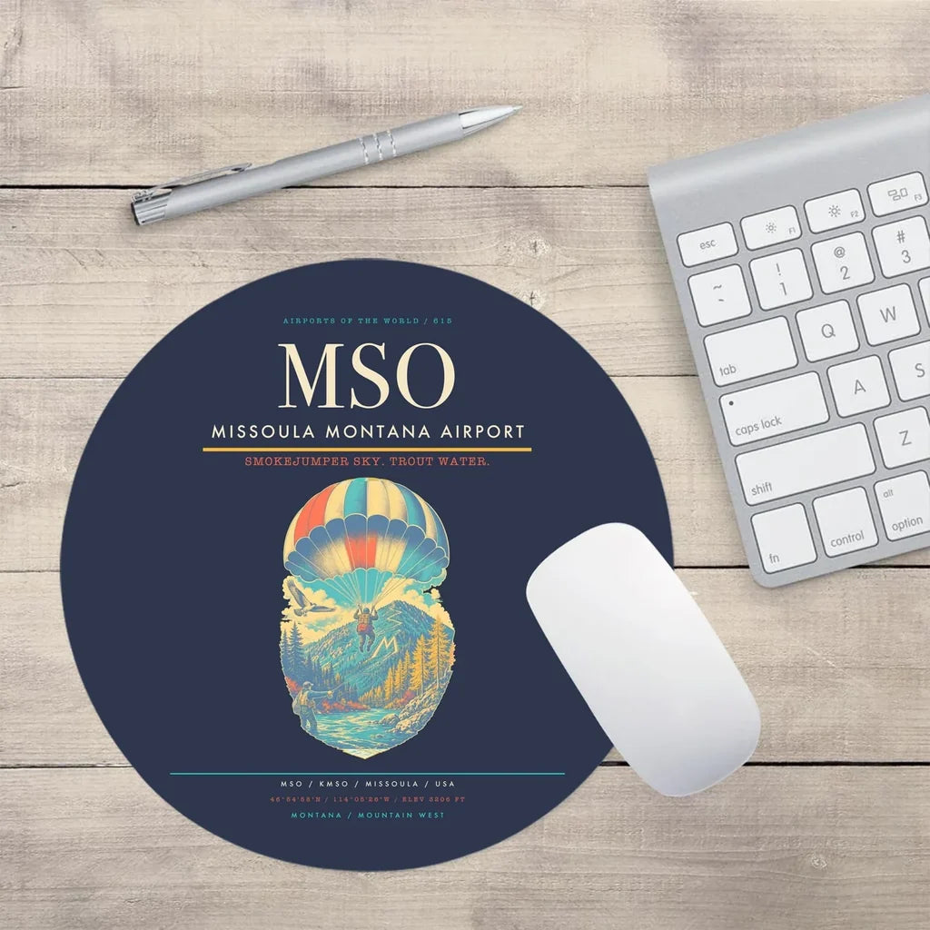 Missoula Montana Airport (MSO) design on navy blue round mouse pad