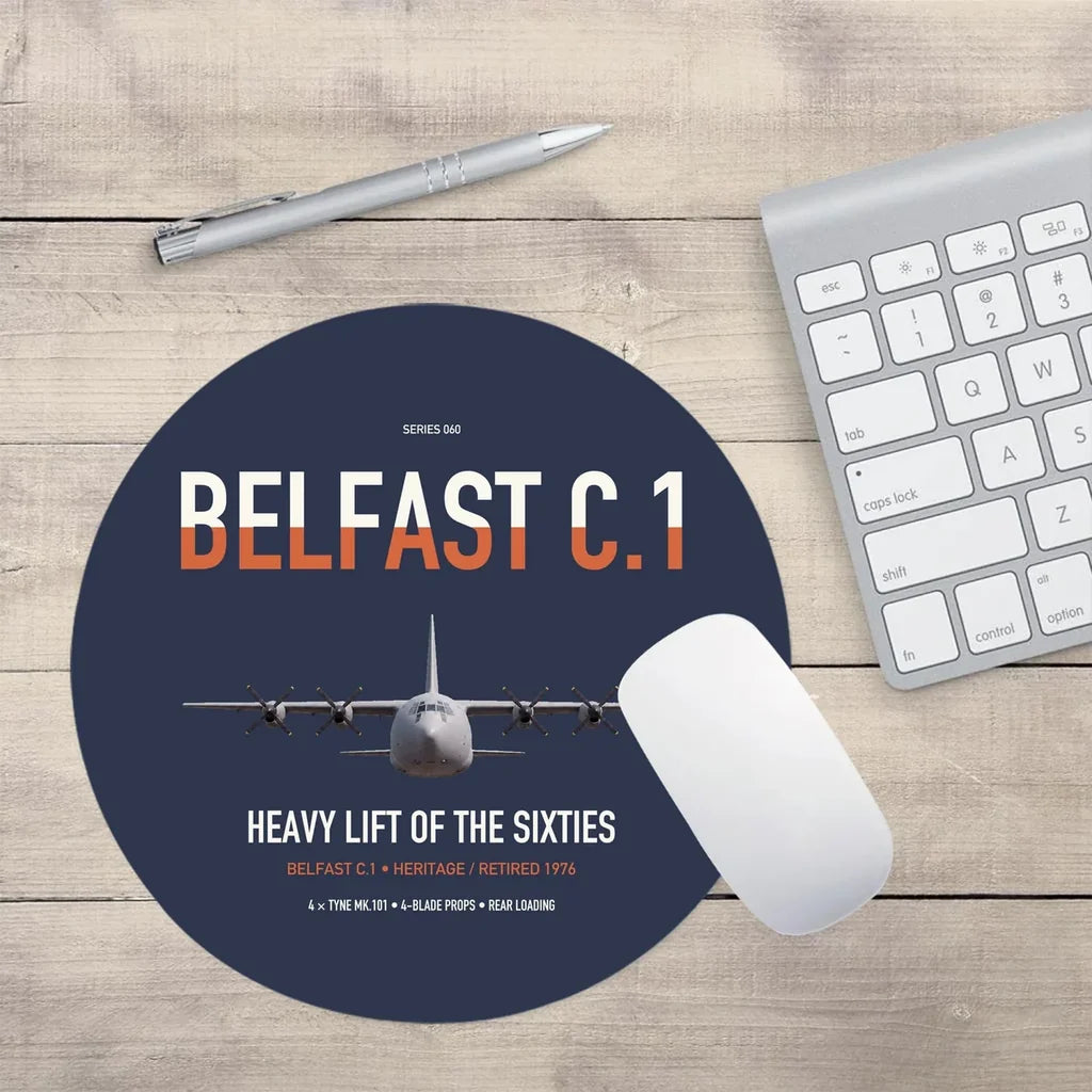 Short Belfast C.1 design on navy blue round mouse pad