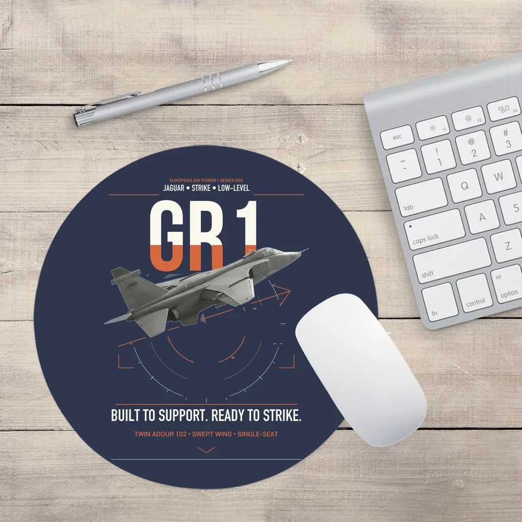 SEPECAT Jaguar GR1 design on navy blue round mouse pad