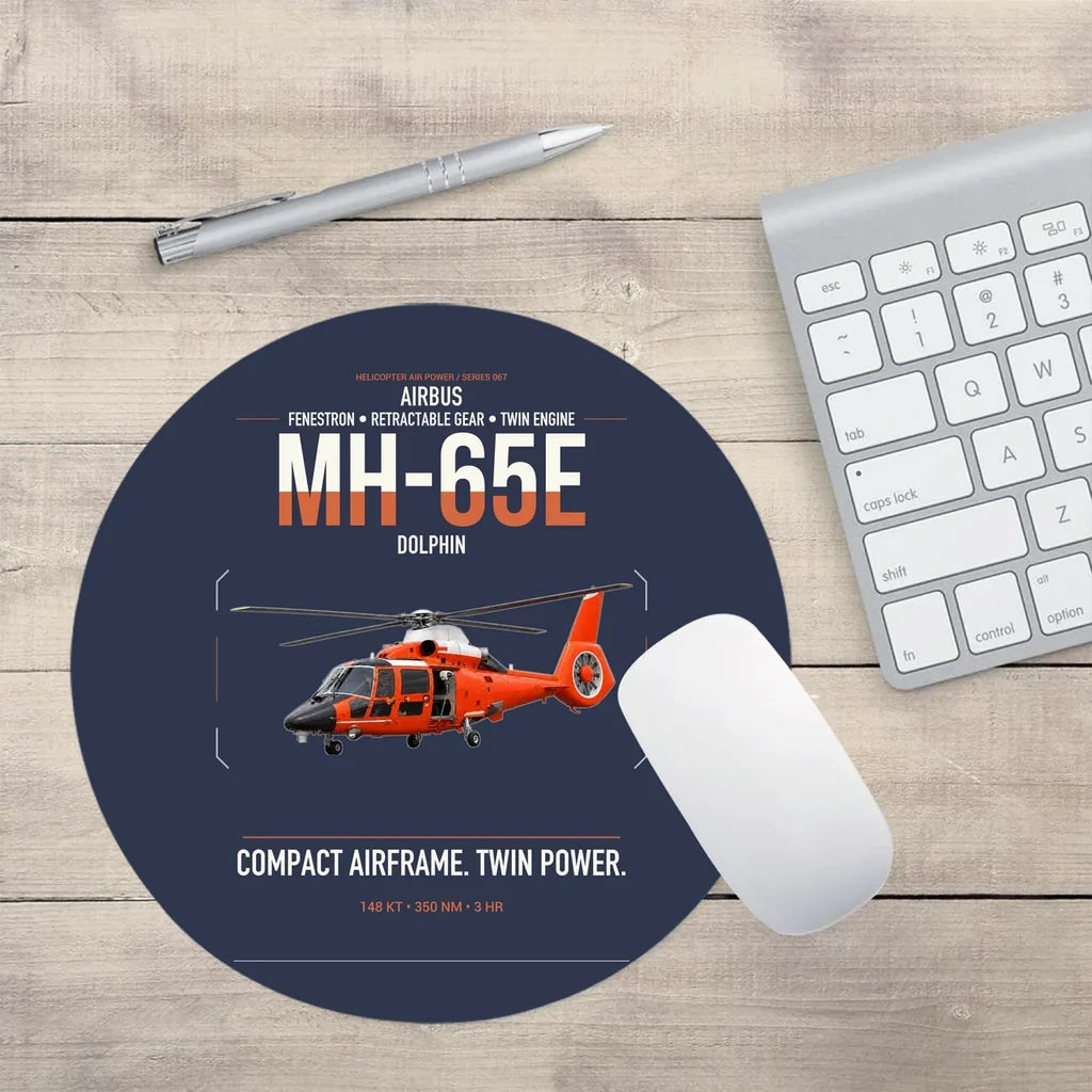 Airbus MH-65E Dolphin design on navy blue round mouse pad