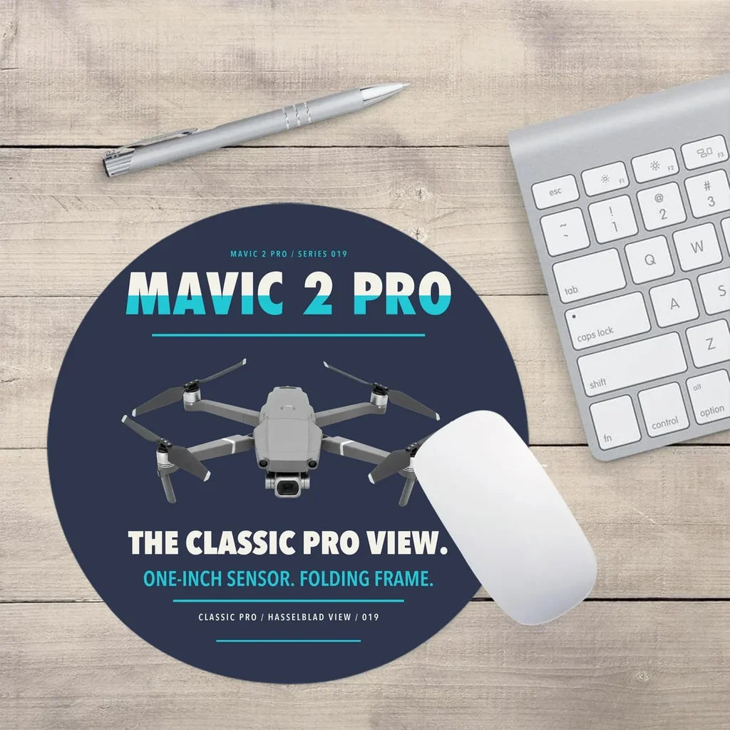 DJI Mavic 2 Pro design on navy blue round mouse pad