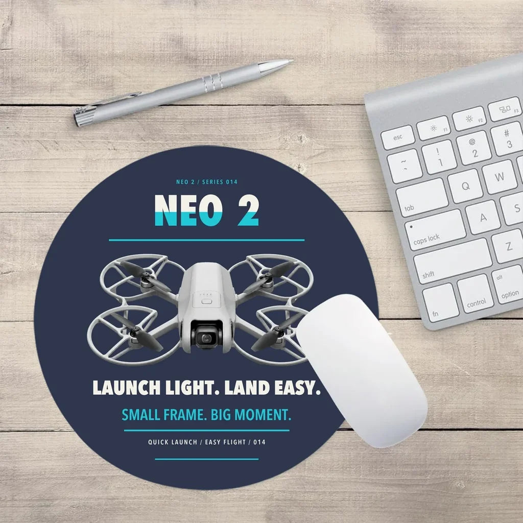 DJI Neo 2 design on navy blue round mouse pad