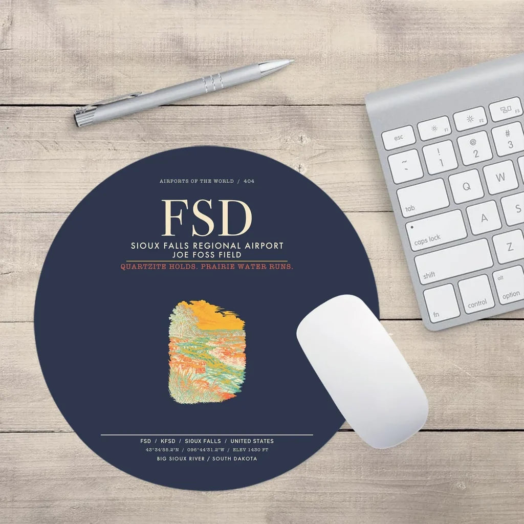 Sioux Falls Regional Airport Joe Foss Field (FSD) design on navy blue round mouse pad