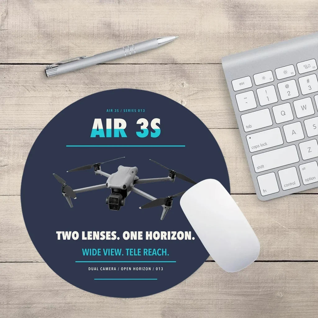 DJI Air 3S design on navy blue round mouse pad