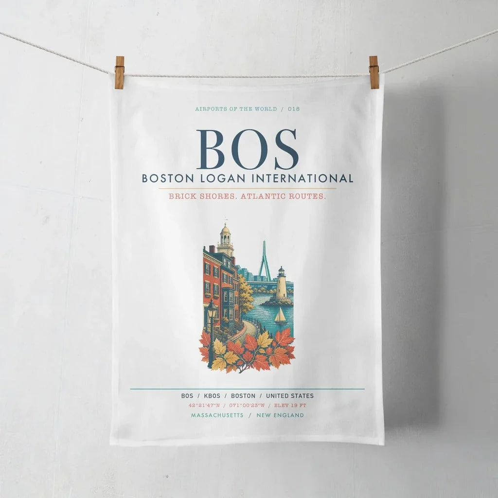 Boston Logan International Airport (BOS) design on white towel