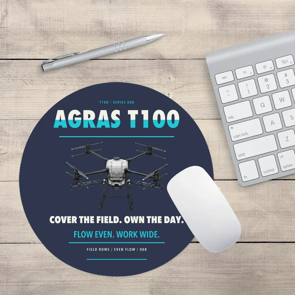 DJI Agras T100 design on navy blue round mouse pad