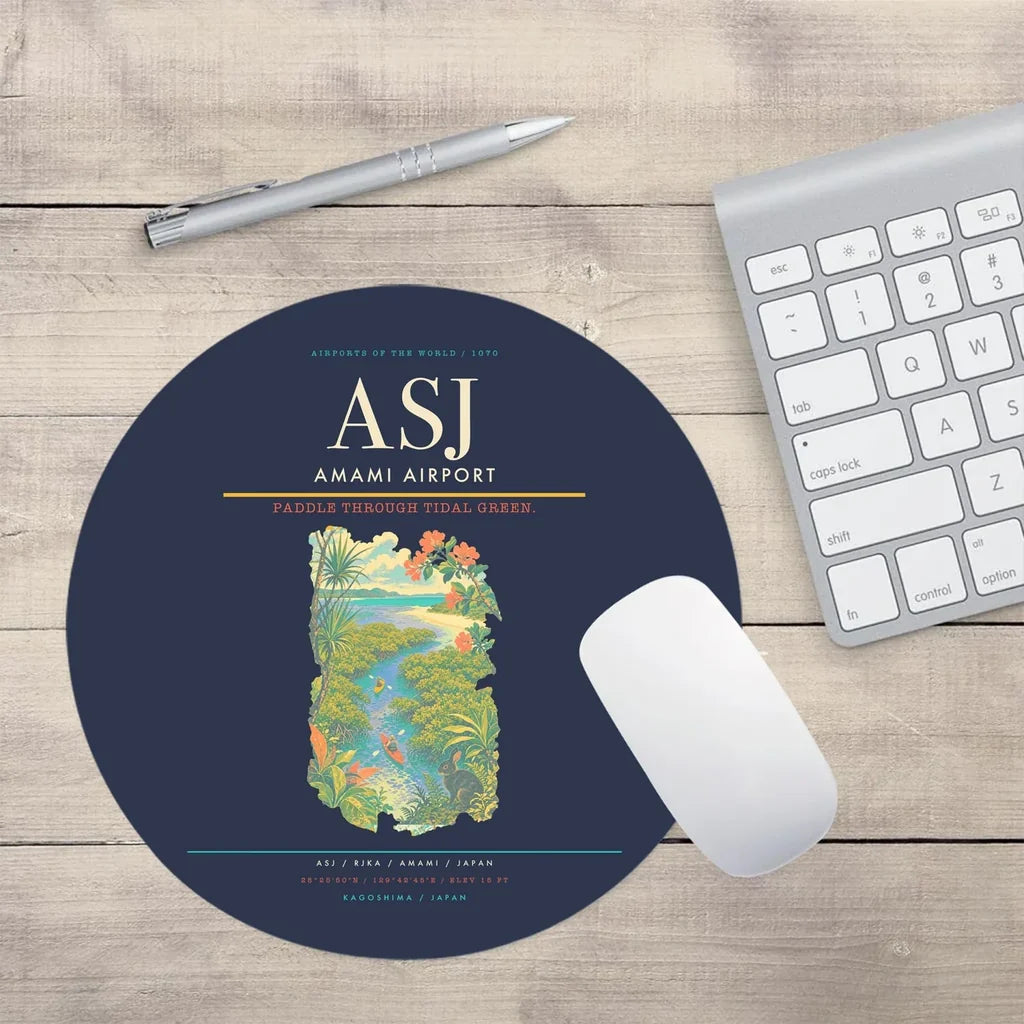 Amami Airport (ASJ) design on navy blue round mouse pad