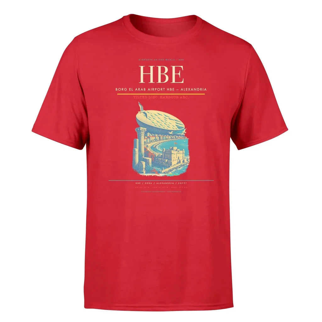Borg El Arab Airport (HBE) T-Shirt single-side front print in Red | borg-el-arab-airport-hbe-double-side-t-shirt