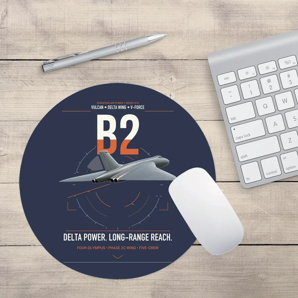 Avro Vulcan B2 design on navy blue round mouse pad