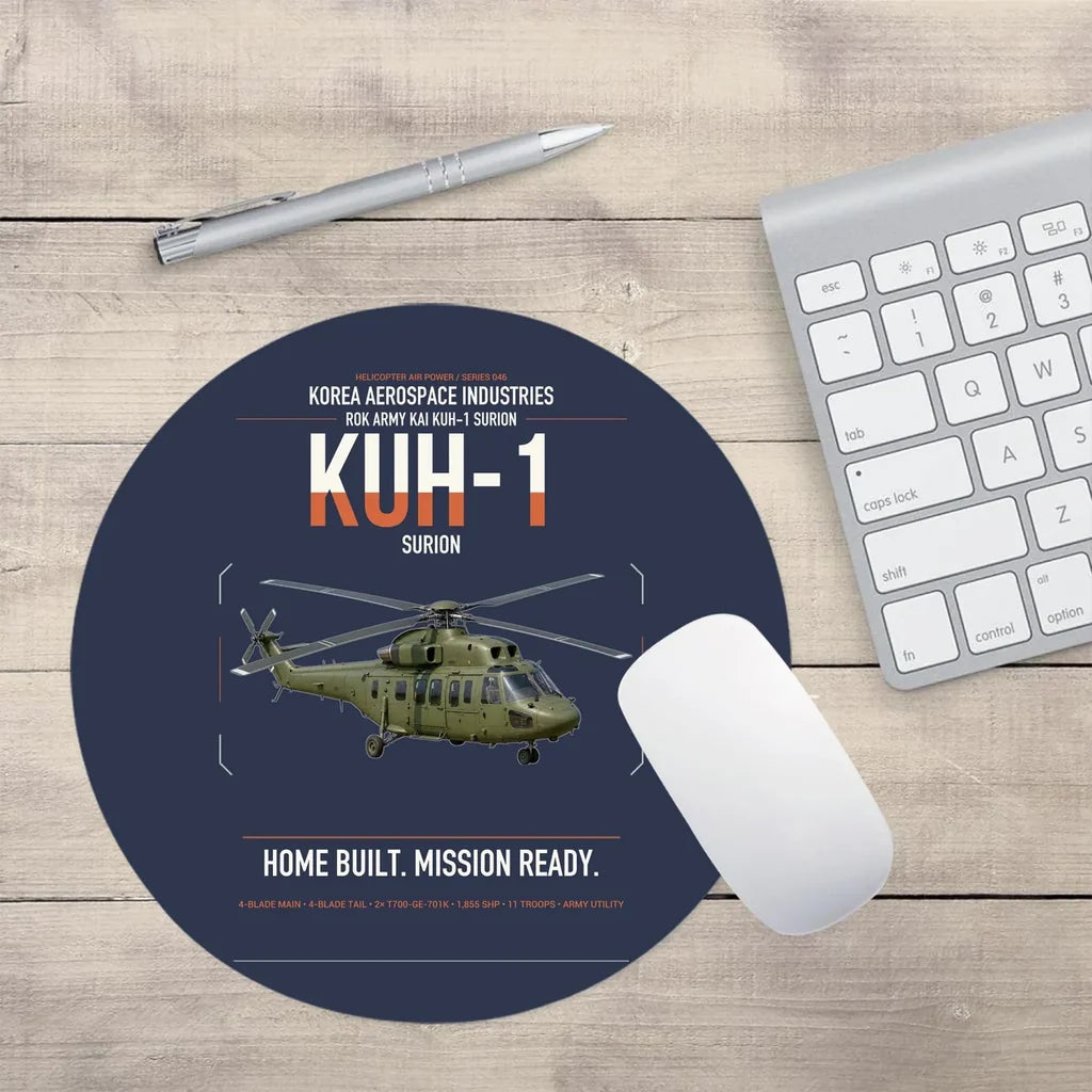 Korea Aerospace Industries KUH-1 Surion design on navy blue round mouse pad