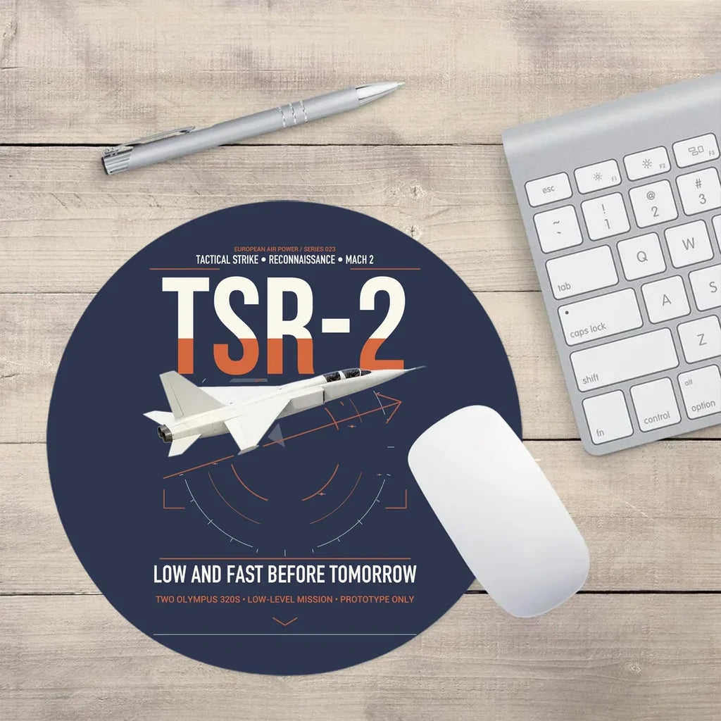 BAC TSR-2 design on navy blue round mouse pad