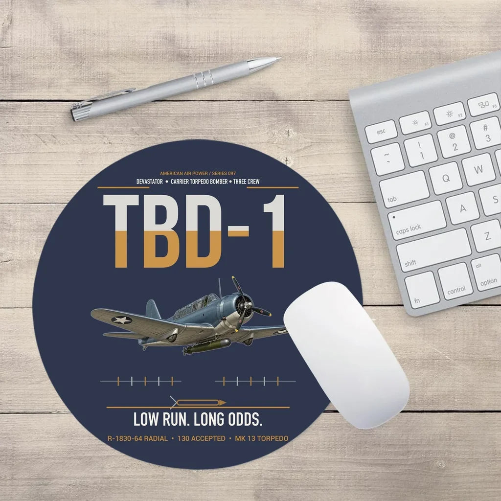 TBD-1 Devastator design on navy blue round mouse pad