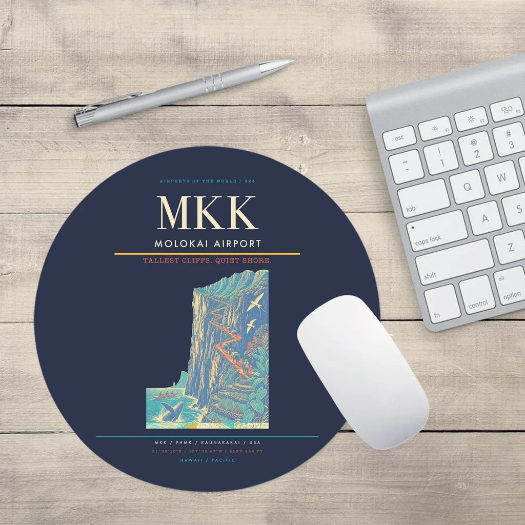 Molokai Airport (MKK) design on navy blue round mouse pad