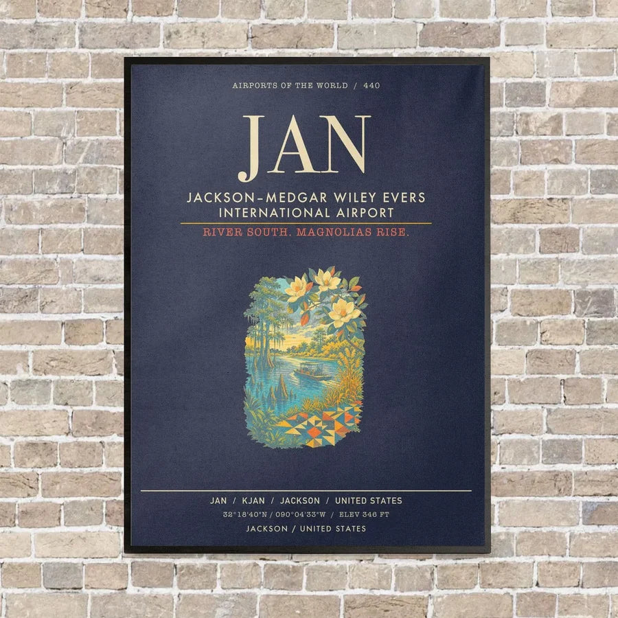 JacksonMedgar Wiley Evers International Airport JAN - Canvas Framed - Navy Blue