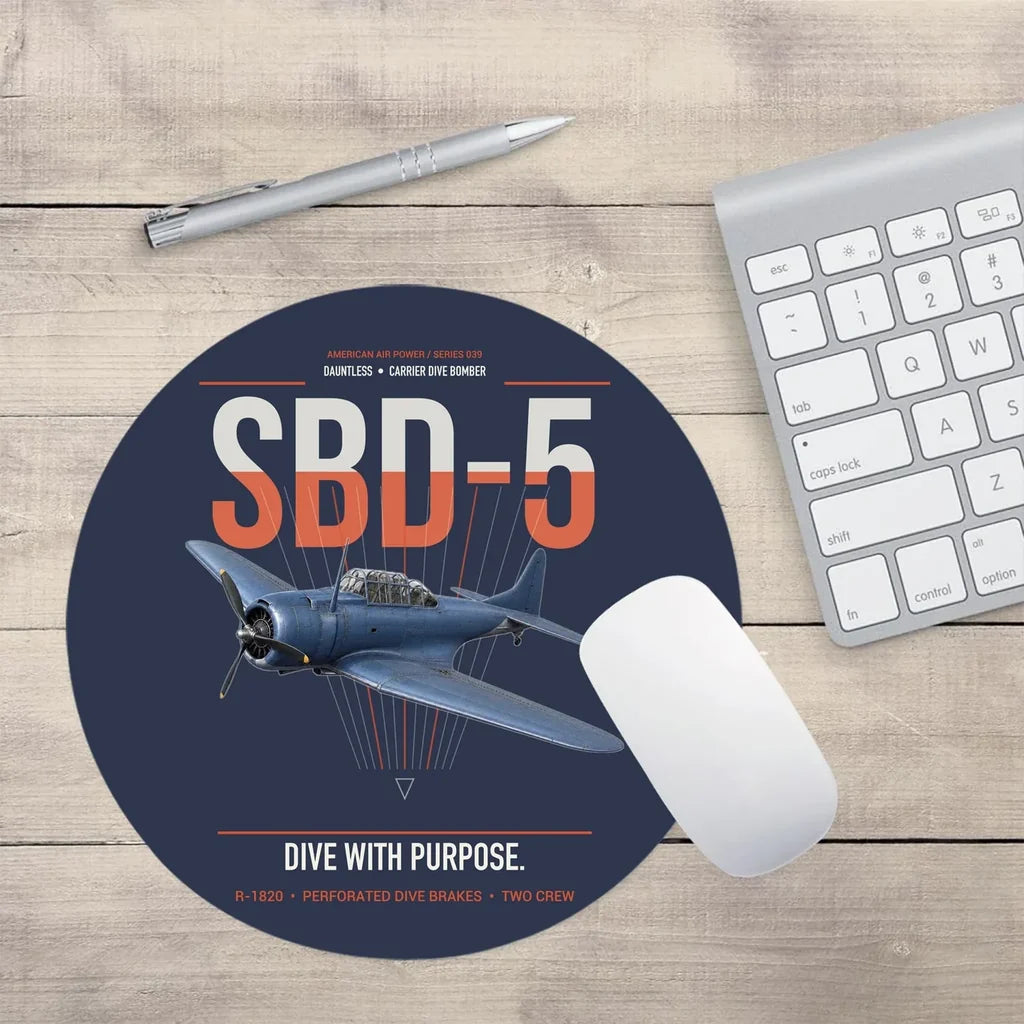 SBD-5 Dauntless design on navy blue round mouse pad