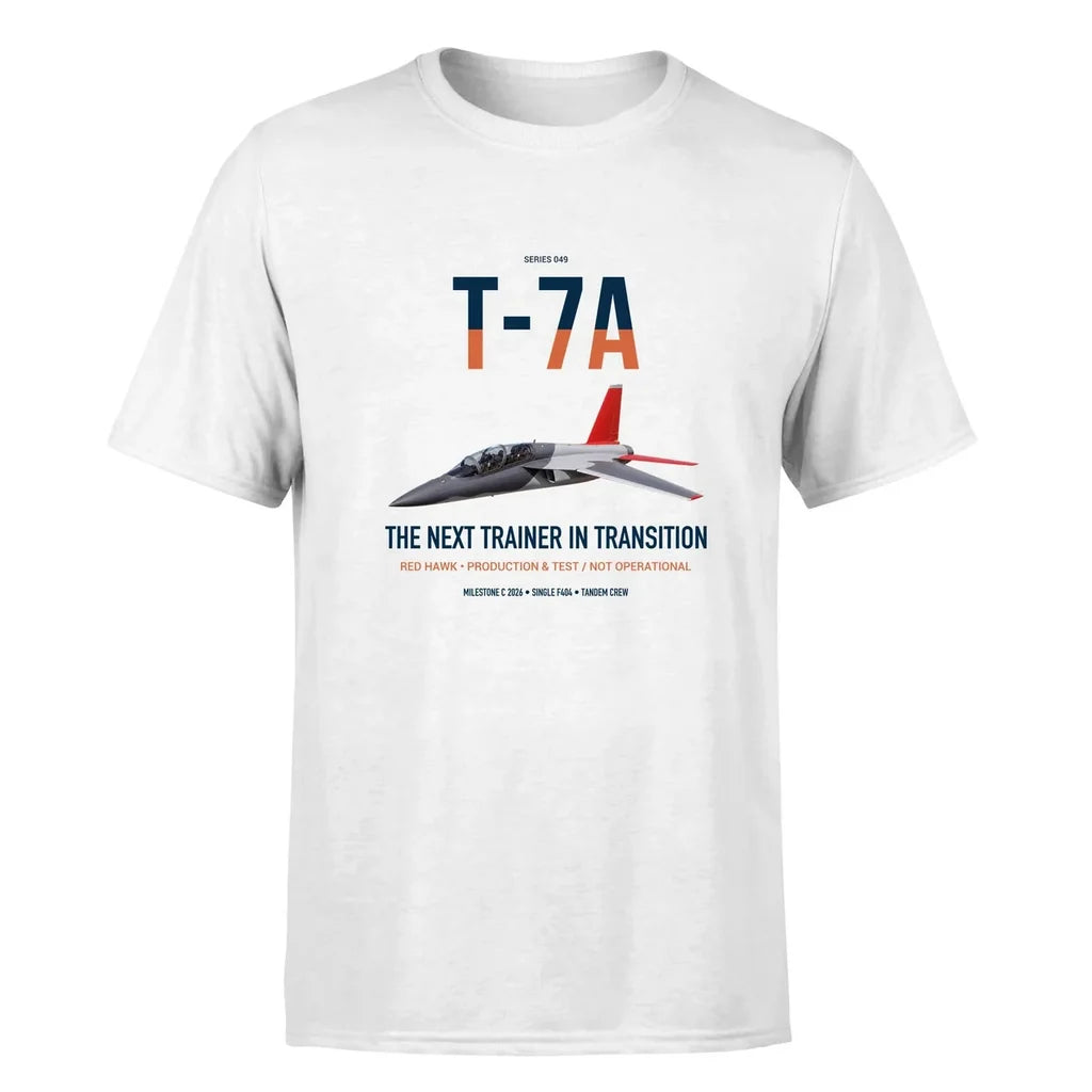 T-7A Red Hawk design on white double-side t-shirt, single-side print