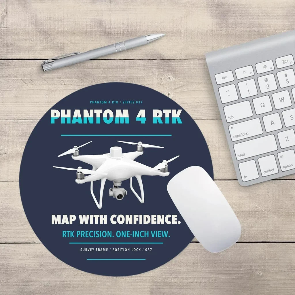 DJI Phantom 4 RTK design on navy blue round mouse pad