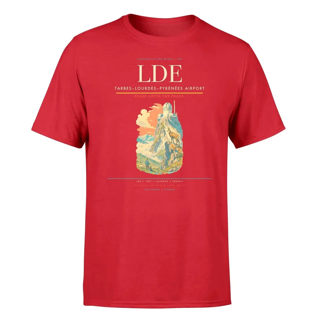 Tarbes–Lourdes–Pyrénées Airport (LDE) T-Shirt single-side front print in Red | tarbeslourdespyrénées-airport-lde-double-side-t-shirt