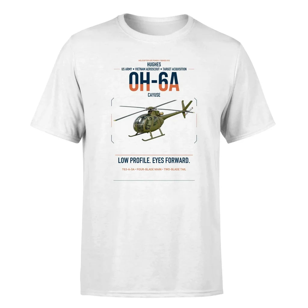Hughes OH-6A Cayuse design on white t-shirt, single-side print