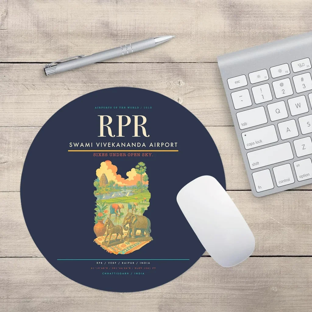 Swami Vivekananda Airport (RPR) design on navy blue round mouse pad