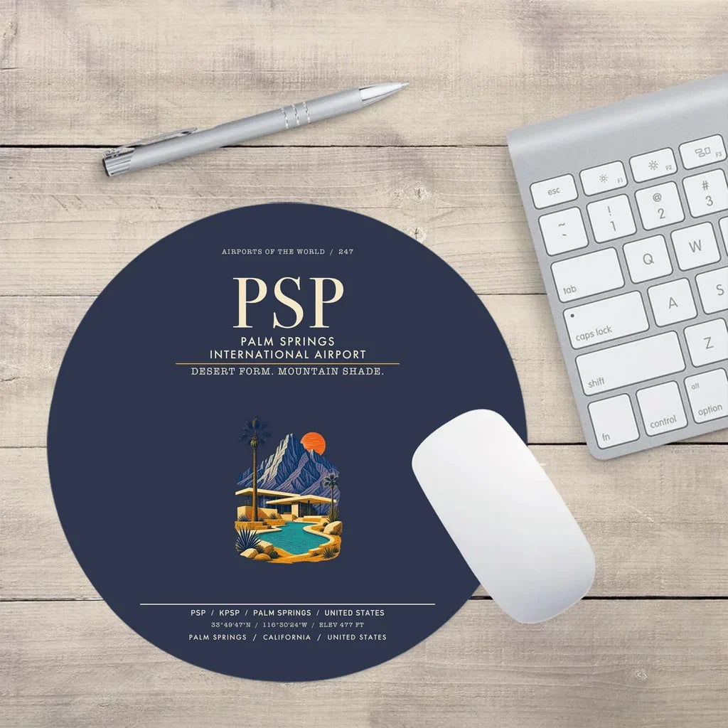Palm Springs International Airport (PSP) design on navy blue round mouse pad