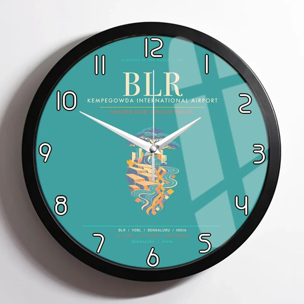 Kempegowda International Airport Bengaluru BLR - Deccan Garden Silk Loom Wall-Clock Framed - Turquoise