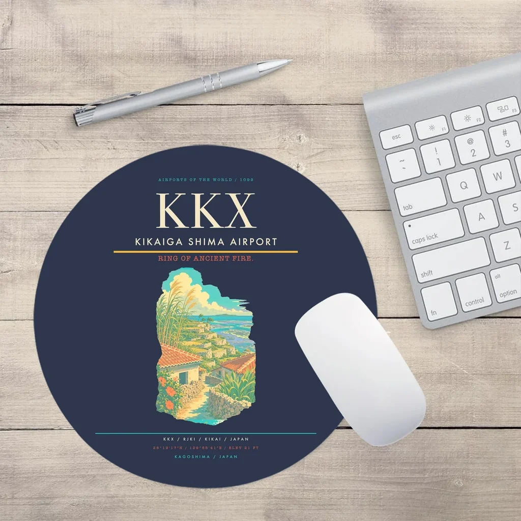 Kikaiga Shima Airport (KKX) design on navy blue round mouse pad