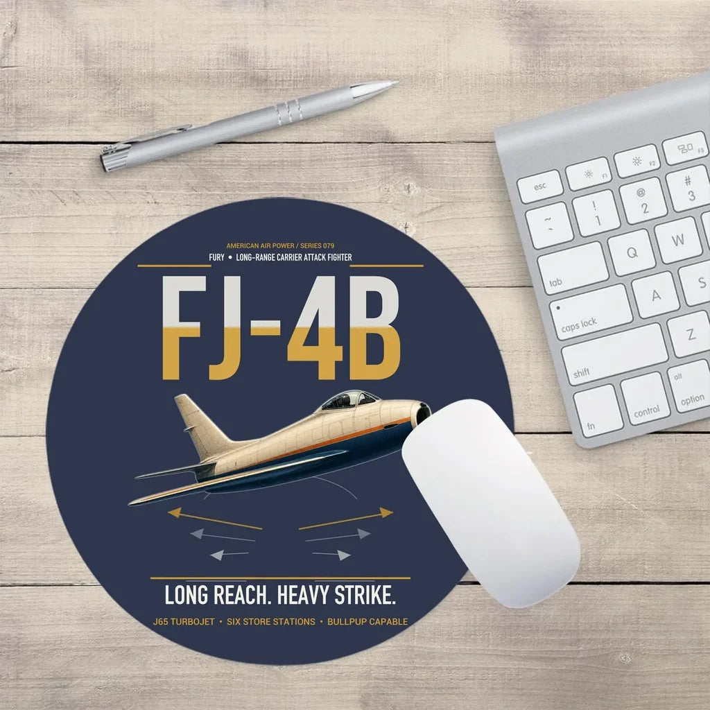 FJ-4B Fury design on navy blue round mouse pad