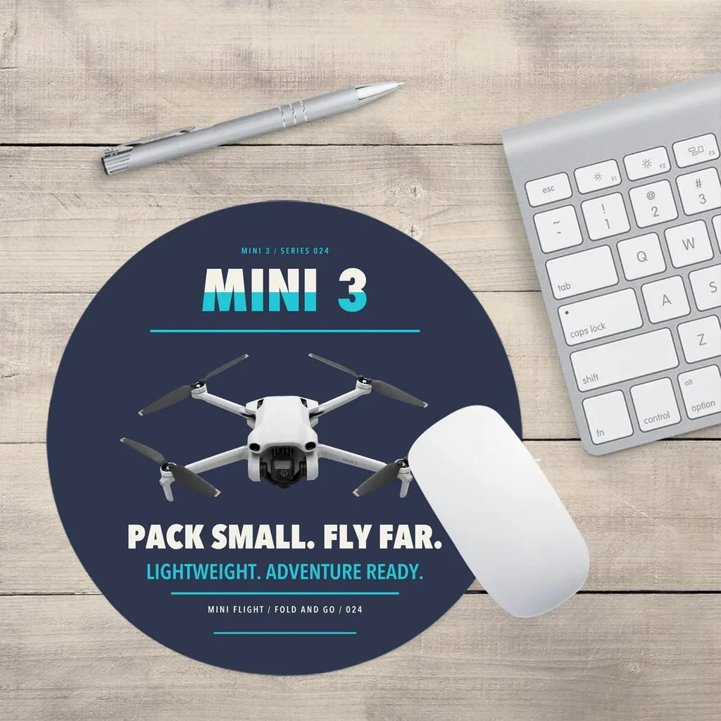 DJI Mini 3 design on navy blue round mouse pad