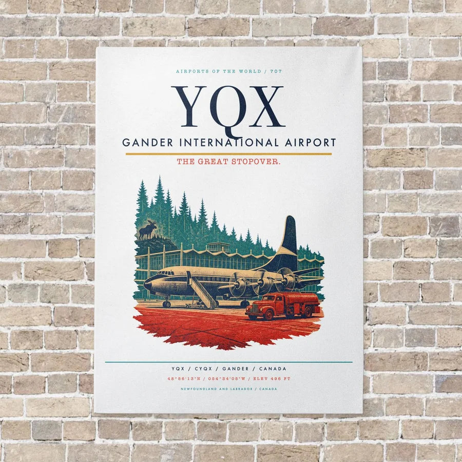 Gander International Airport YQX vertical canvas print - no frame - white background