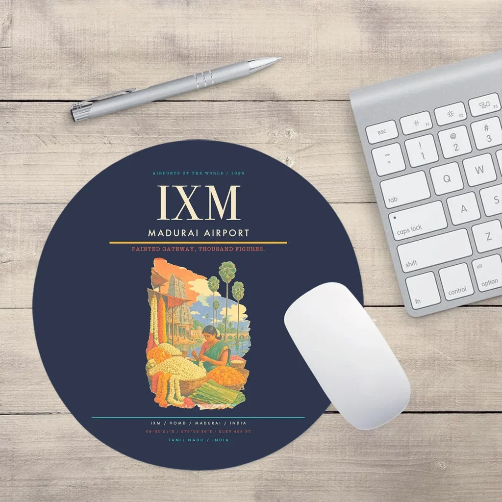 Madurai Airport (IXM) design on navy blue round mouse pad