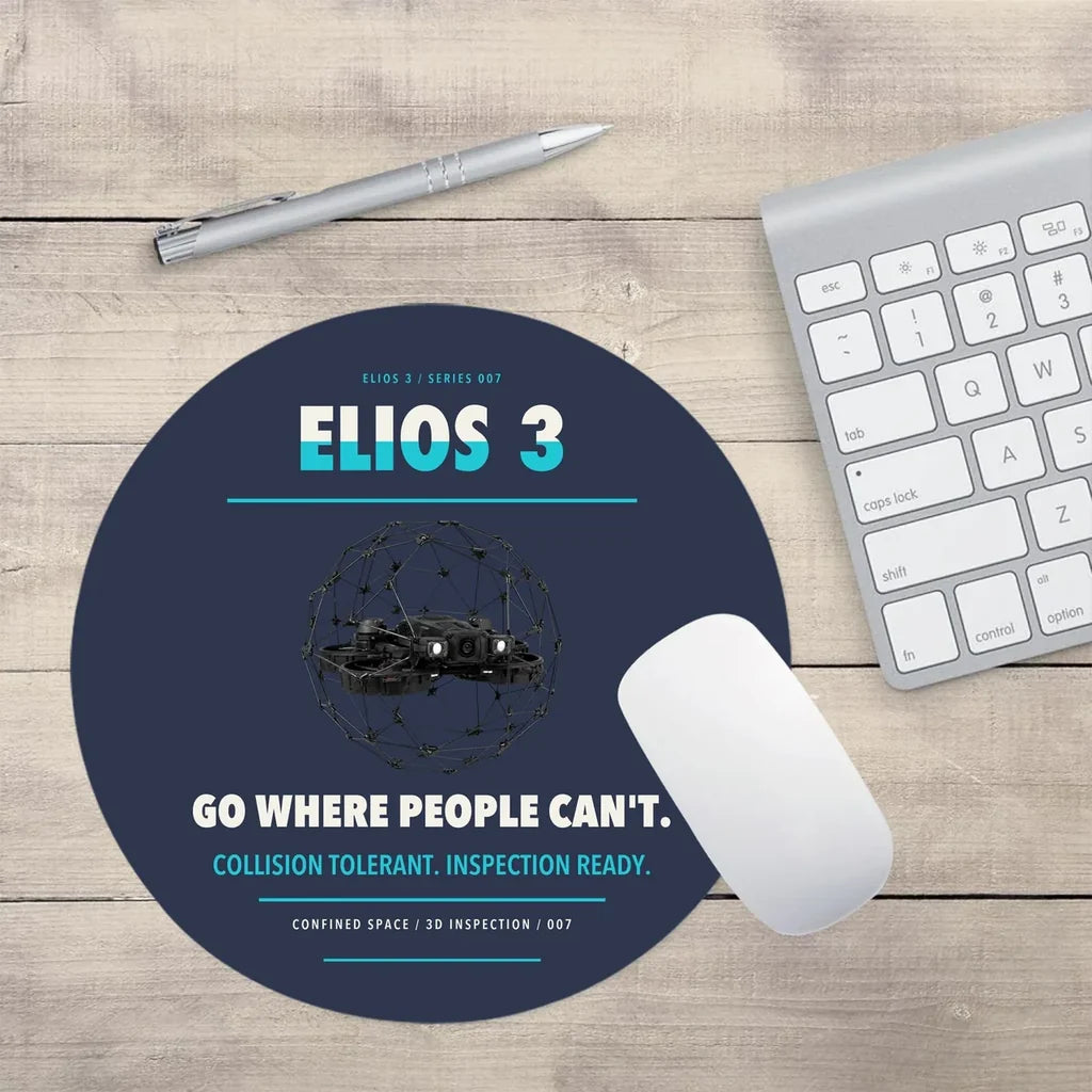 Flyability Elios 3 design on navy blue round mouse pad