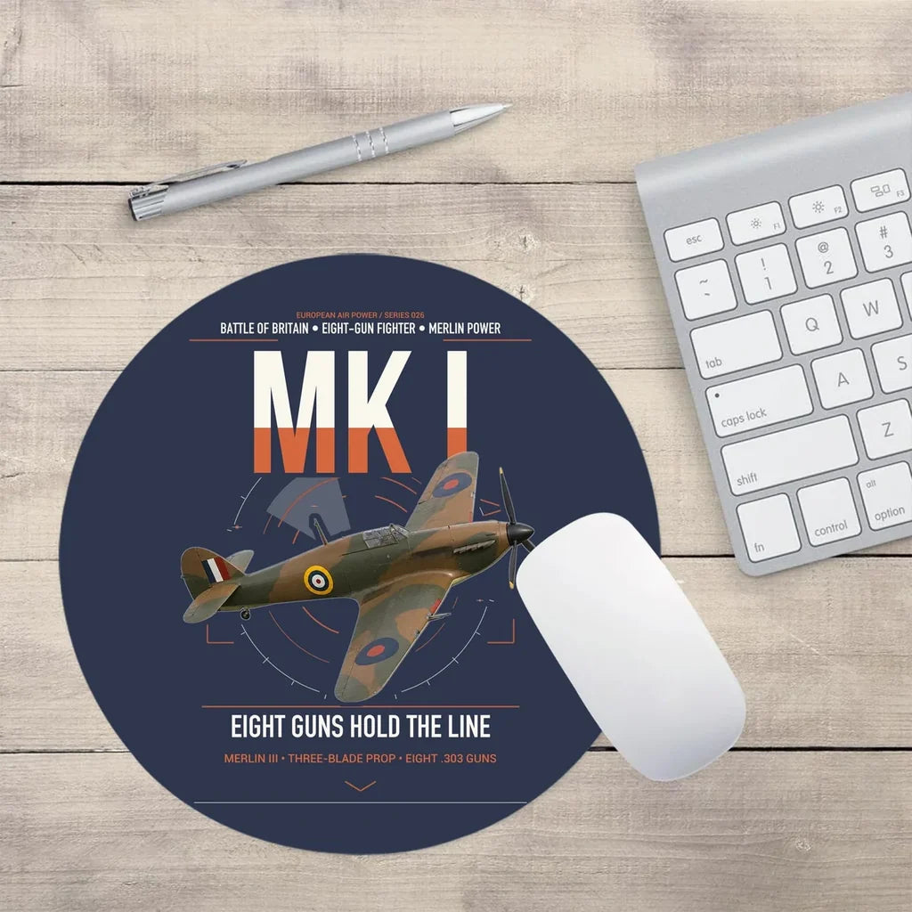 Hawker Hurricane Mk I design on navy blue round mouse pad