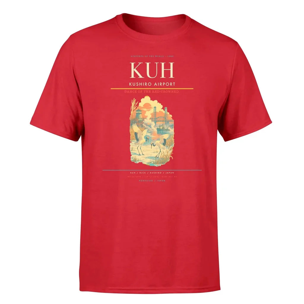 Kushiro Airport (KUH) T-Shirt single-side front print in Red | kushiro-airport-kuh-double-side-t-shirt