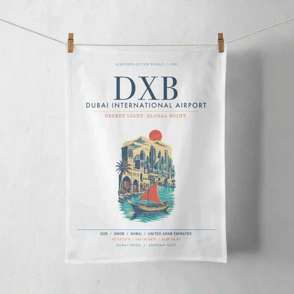 Dubai International Airport (DXB) design on white towel