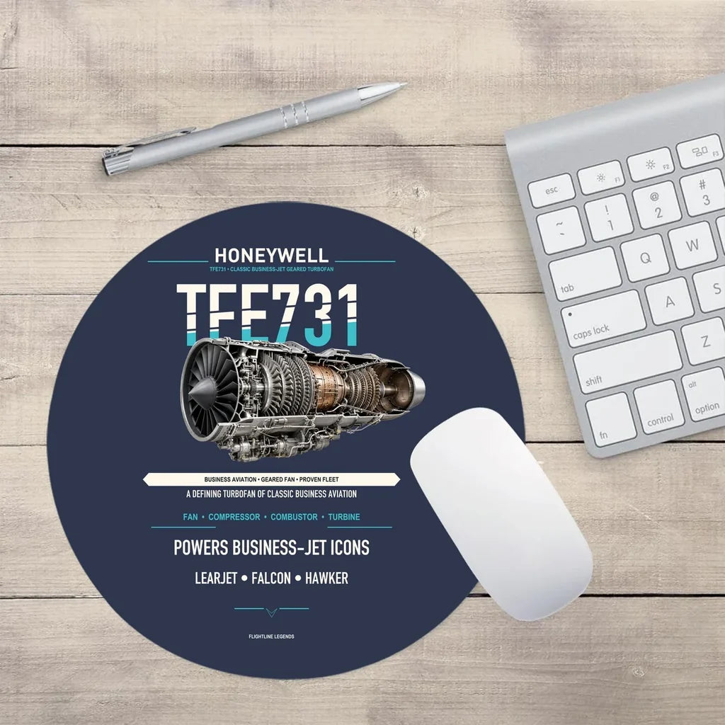 TFE731 design on navy blue round mouse pad