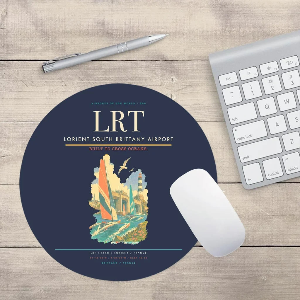 Lorient South Brittany Airport (LRT) design on navy blue round mouse pad