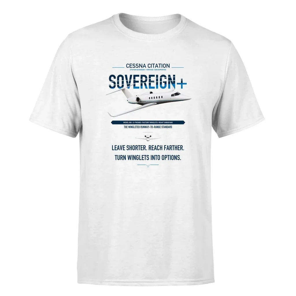 Cessna Citation Sovereign+ design on white double-side t-shirt, single-side print