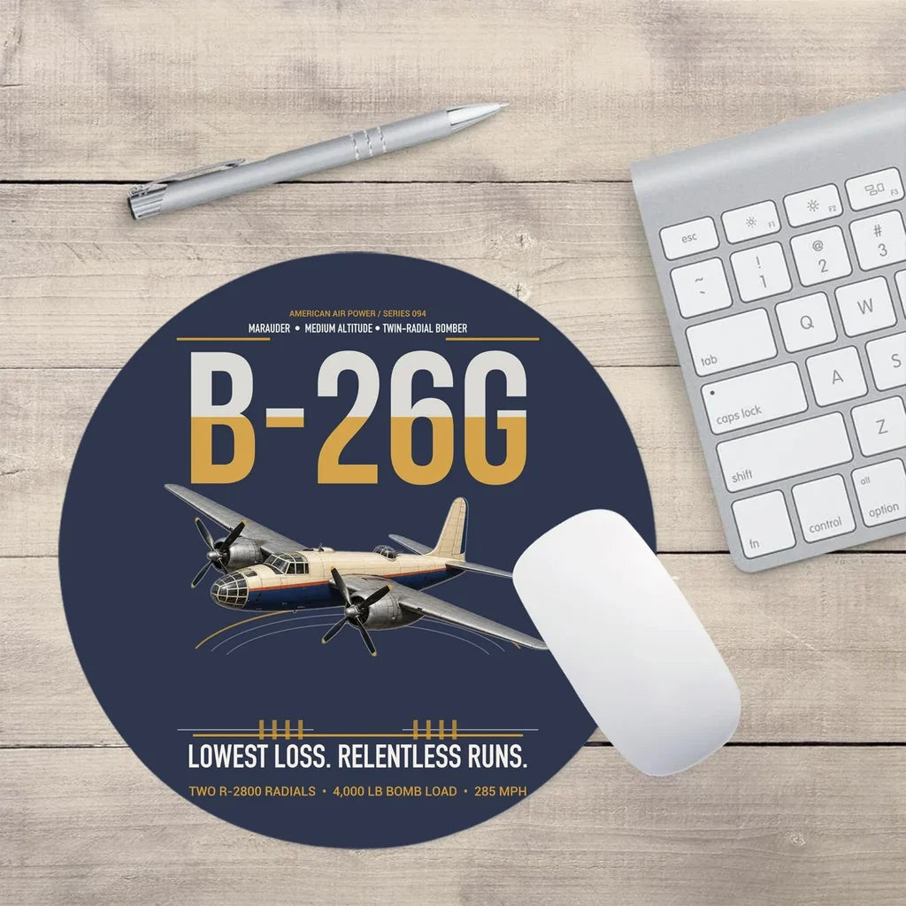 B-26G Marauder design on navy blue round mouse pad